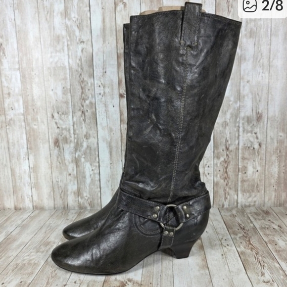 Frye Steffi Pull On Harness Biker Kitten Heel Grey Leather Boots Size 7.5 - Picture 5 of 16